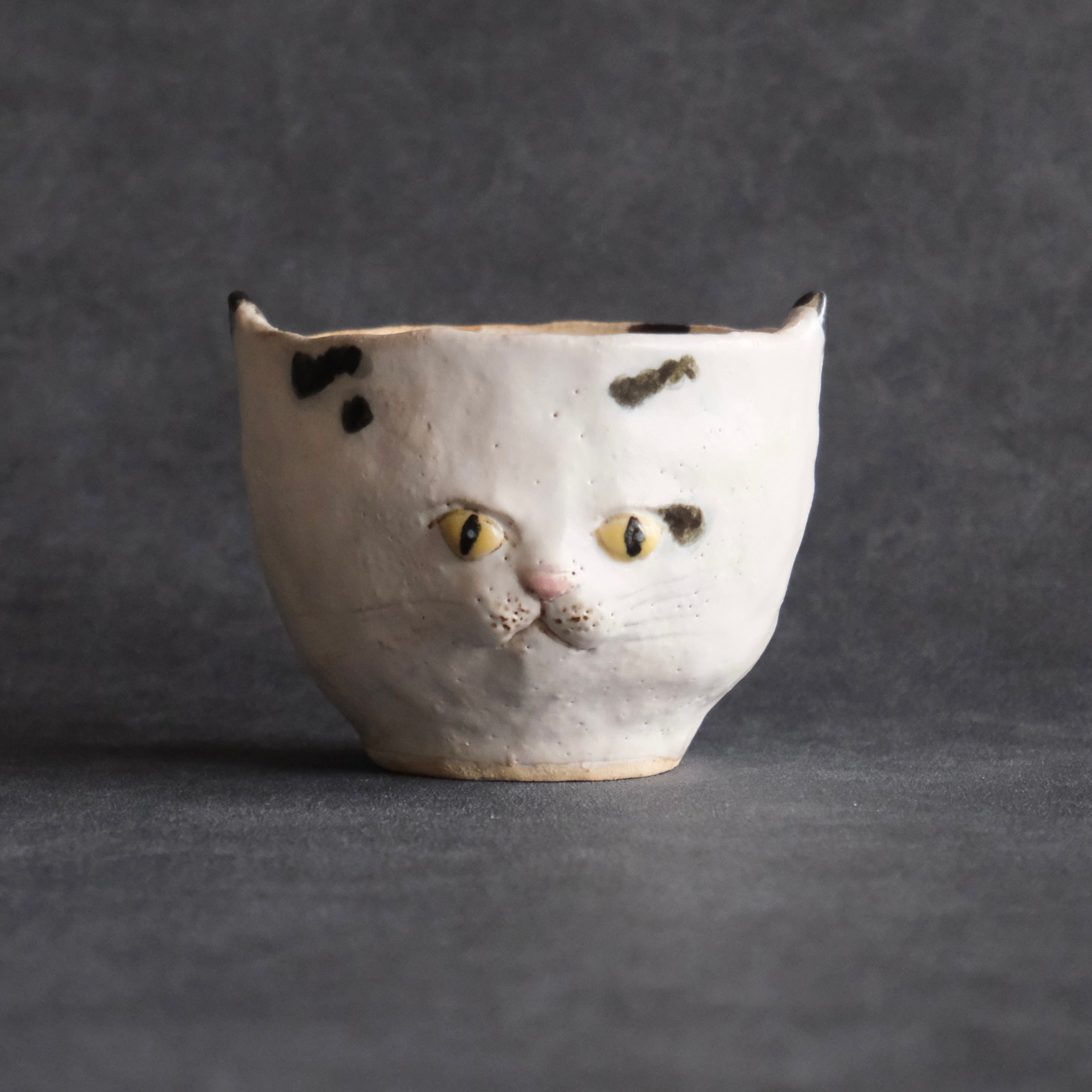 猫カップ　白・黒ぶち・黄色い瞳